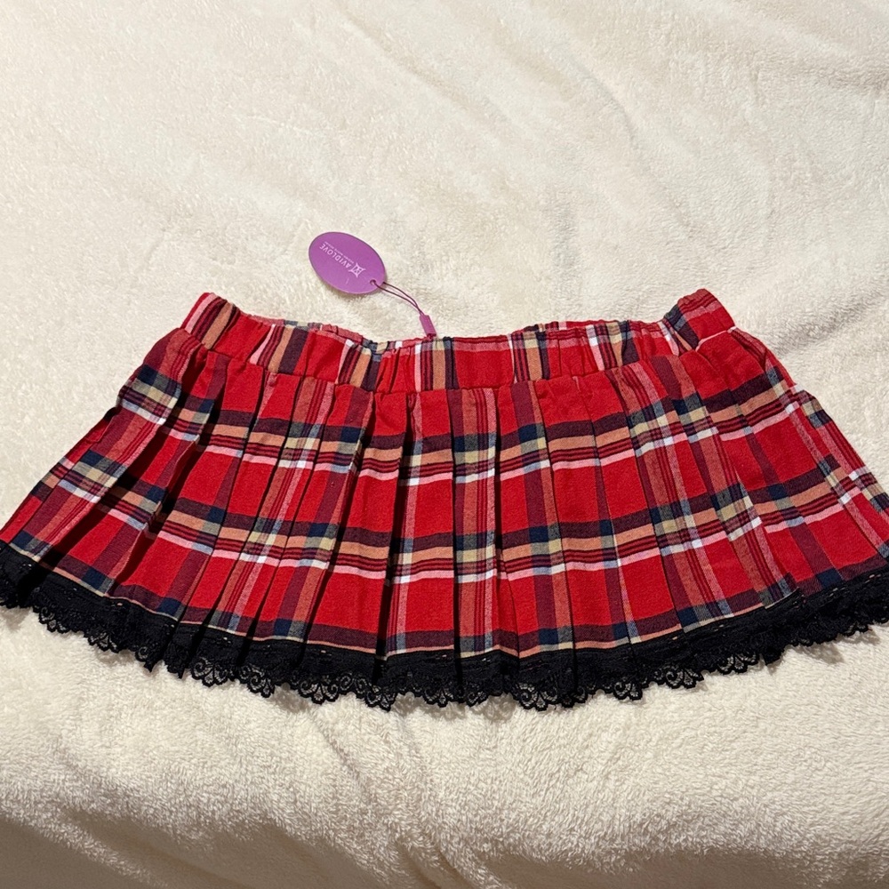 Trendy Red Plaid Mini Skirt with Lace Trim